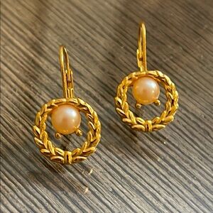 Vintage Lever Back Leaf Garland Earrings with Faux Pearl Center